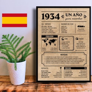 Spanish Birthday Poster 1934 | Printable Newspaper / Sign | Instant Download | Anniversary Gift | Born in 1934