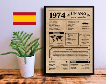 Póster de Cumpleaños de 1974 | Periódico / Cartel en español | Descarga Instantánea | Regalo de Aniversario | Año de Nacimiento