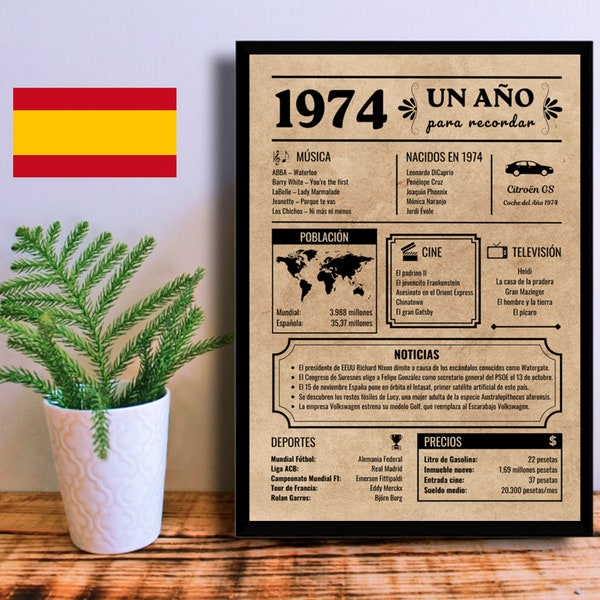 Póster de Cumpleaños de 1974 | Periódico / Cartel en español | Descarga Instantánea | Regalo de Aniversario | Año de Nacimiento