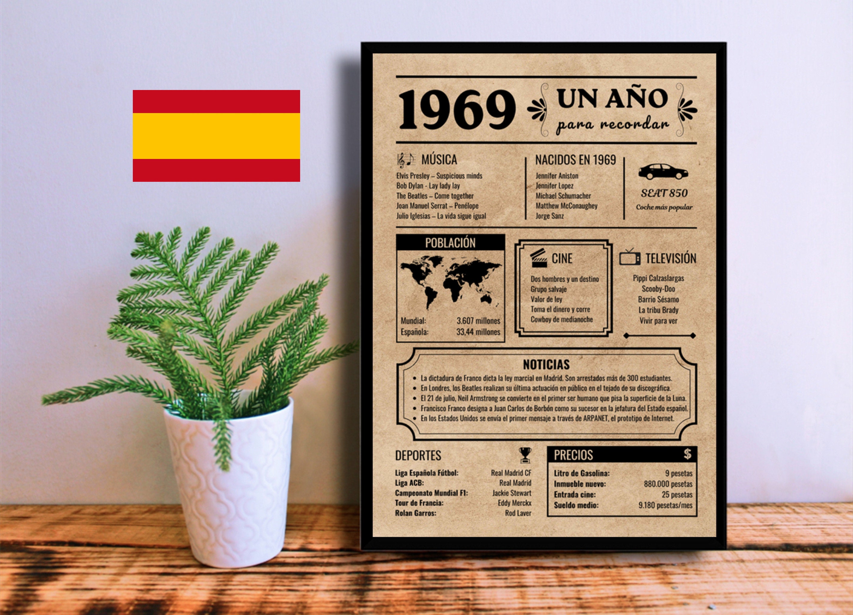 Spanish Birthday Poster 1969 | Printable Newspaper / Sign | Instant Download | Anniversary Gift | Born in 1969
