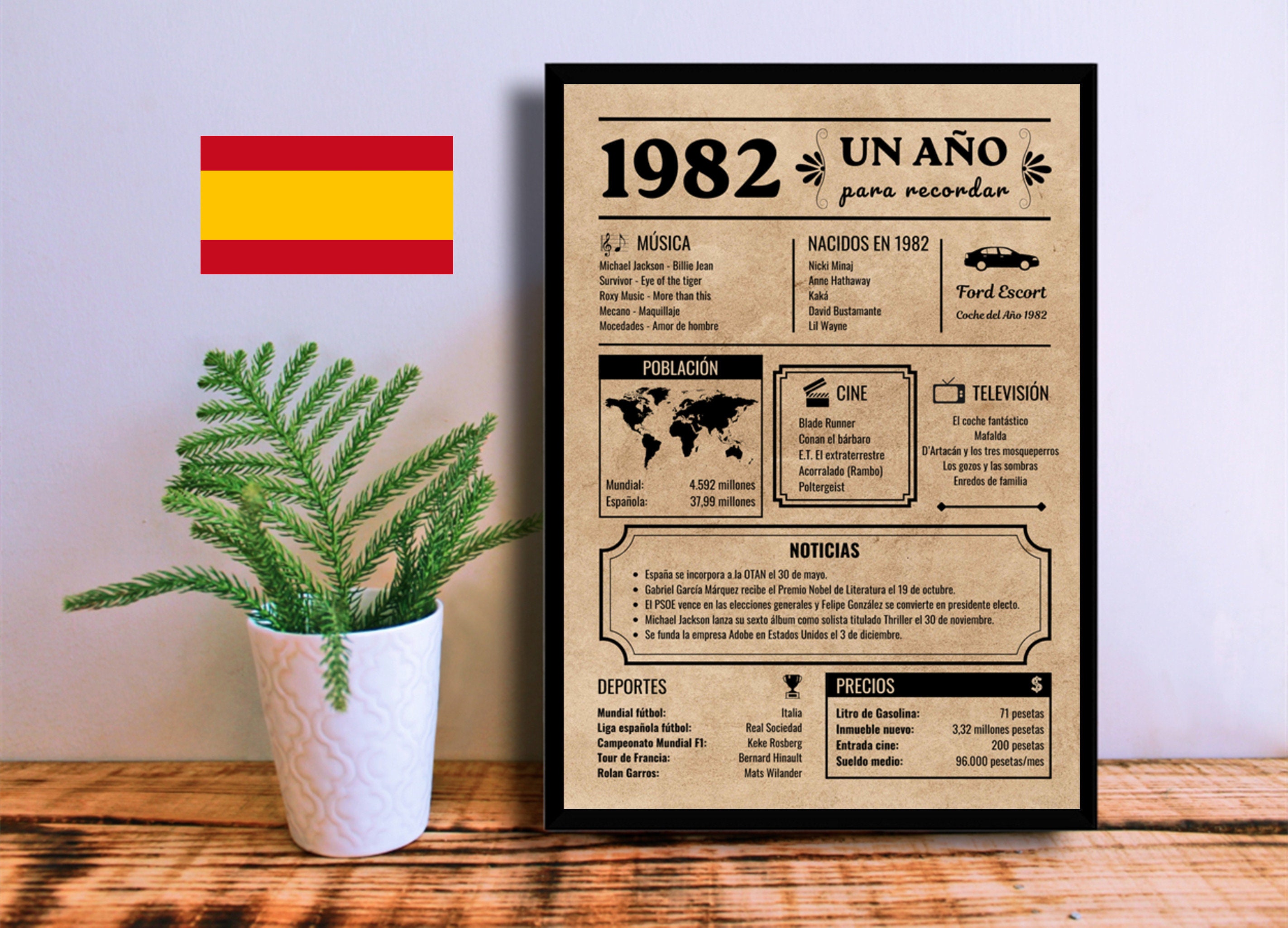 Spanish Birthday Poster 1982 | Anniversary Gift | Birthday Gift | Born in 1982 | Printable Vintage Newspaper / Sign | Instant Download