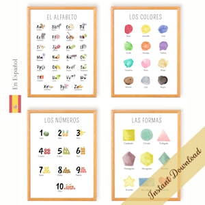 Posters Educativos Español | Decoración Habitación Niños | Material Aprendizaje Montessori | Alfabeto, Números, Colores, Formas | Escolar