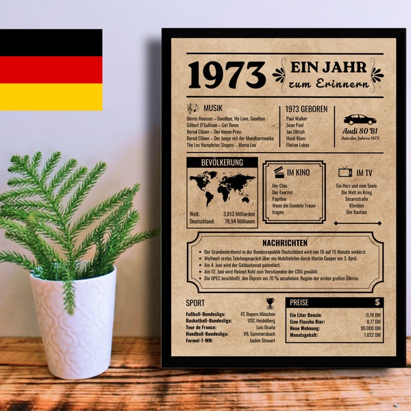 German Birthday Poster 1973 | 50th Anniversary Gift | Birthday Gift 50 years | Born in 1973 | Printable Newspaper / Sign | Instant Download