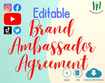 Fully Editable Brand Ambassador Agreement to grow your business | Social Media Influencer Contract to expose your brand | Drafted by Lawyer