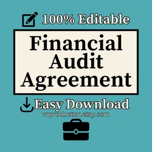 Può includere: Uno sfondo blu turchese con un rettangolo bianco che contiene il testo "Financial Audit Agreement" in nero grassetto. Il testo "100% Editable" è sopra il rettangolo in bianco. Il testo "Easy Download" è sotto il rettangolo in bianco. Il testo "vnproduction.etsy.com" è sotto il testo "Easy Download". Un'icona in bianco e nero di una valigetta è sotto il testo.