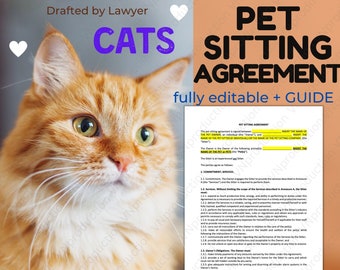 Pet Sitting Agreement FOR CATS between pet Owner and pet Sitter, drafted by Lawyer, fully editable and instantly downloadable WORD document