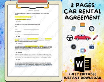 Simple 2-page Car Rental Agreement,  Instantly Downloadable and Fully Editable Car Rent Contract drafted by Certified Lawyer