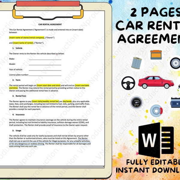 Rent a Car Agreement Etsy