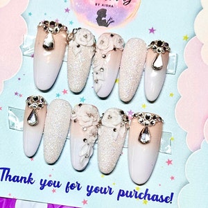 Wedding Press On Nails | Acrylic Flower Bridal Nails