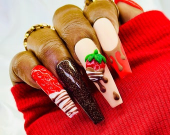 Chocolate Strawberry Press On Nails: Hand-Painted Gel Luxury
