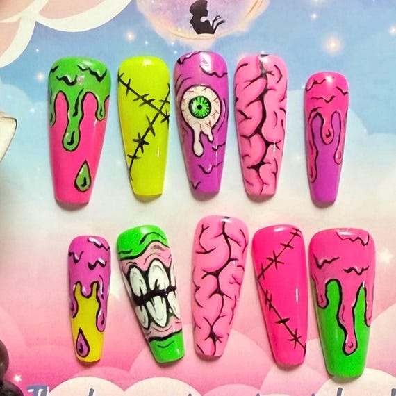 Neon Zombie Press on Nails — Soft Gel, Brains, Drips & Stitches - Etsy