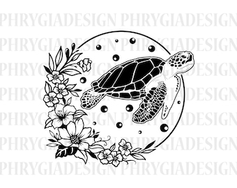 Könnte beinhalten: Schwarz-weiß-Illustration einer Meeresschildkröte, die in einem Kreis mit Blumen und Blasen um sie herum schwimmt.