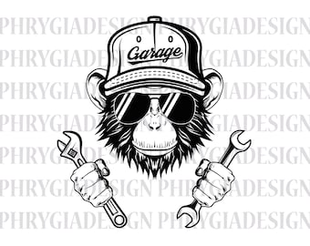 Affe Mechaniker SVG Png, Affe geschnitten Datei, Schraubenschlüssel Sofort Download, Werkzeuge Sofort Download, Reparatur Sofort Download