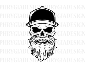 SVG de calavera barbuda, SVG de hombre barbudo, SVG de calavera barbuda con gorra, SVG de calavera, SVG de camiseta de calavera, SVG de calavera con barba, SVG de gorra de béisbol