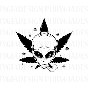 Könnte beinhalten: Schwarzweiß-Illustration eines Außerirdischen, der einen Joint raucht, mit Marihuanablättern im Hintergrund.