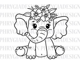 Baby Elephant Svg , Cute Elephant Svg , Elephant Baby Shower , Floral Elephant Svg , Kawaii Animal , Elephant Clipart , Digital Download