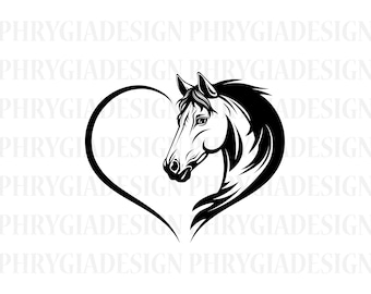 May include: Black and white silhouette of a horse's head inside a heart shape.