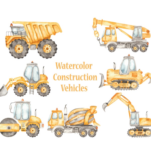 Construction Vehicles Png , Watercolor Clipart , Bulldozer , Cement Truck ,  Excavator , Dump Truck , Construction Truck , Digital Download