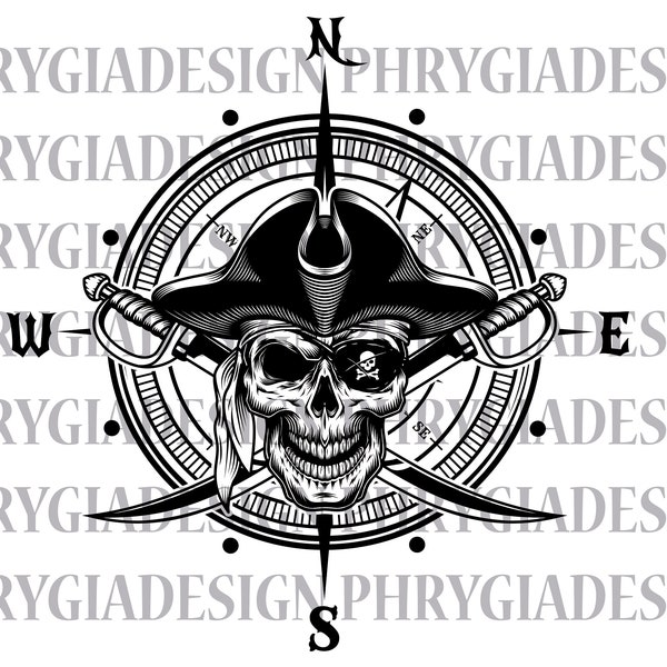 Pirate Compass Svg Png , Skull Compass Svg , Pirate Svg , Nautical Svg , Piracy Svg , Compass Rose Svg , Digital Download