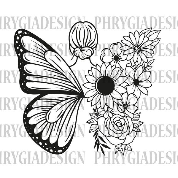 Floral femme Svg Png, papillon fleur Svg, femme avec fleur Svg, fille papillon fée Svg, Floral papillon Svg, téléchargement numérique