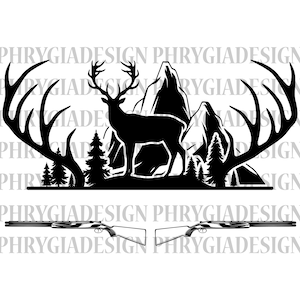 May include: Black and white silhouette of a deer with large antlers standing in front of a mountain range. The deer is facing the right side of the image. The mountains are in the background. The image is a graphic design.
