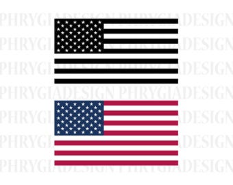 May include: Two American flags are depicted. The top flag is black and white, with a field of white stars and black stripes. The bottom flag is in color, with a blue field of stars and red and white stripes. The flags are side by side.