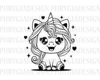 May include: A black and white line drawing of a cartoon unicorn with a large smile, big eyes, and a horn. The unicorn has a long mane and tail. The unicorn is surrounded by hearts and stars.