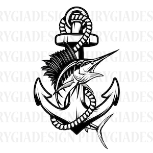 Puede incluir: Ilustración en blanco y negro de un pez marlin saltando fuera del agua y siendo atrapado por un ancla. El ancla está envuelta en cuerda.