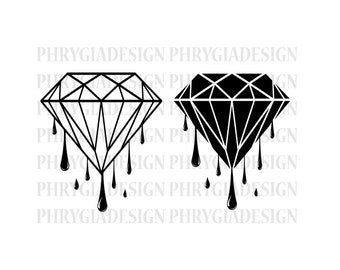 Könnte beinhalten: Zwei schwarze und weiße Diamantenformen mit tropfenden Linien. Der Diamant links ist schwarz umrandet und der Diamant rechts ist schwarz gefüllt.