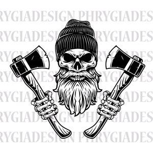 May include: Black and white illustration of a skull with a beard wearing a beanie and holding two axes.