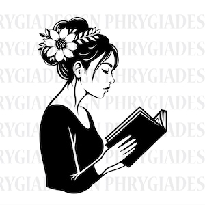 Lezende vrouw SVG, boekenliefhebber SVG, boek SVG, lezing SVG, lezend meisje, bibliotheek SVG, rommelig meisje SVG, bloemen meisje SVG, boekenwurm SVG