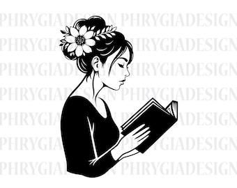 Lezende vrouw SVG, boekenliefhebber SVG, boek SVG, lezing SVG, lezend meisje, bibliotheek SVG, rommelig meisje SVG, bloemen meisje SVG, boekenwurm SVG