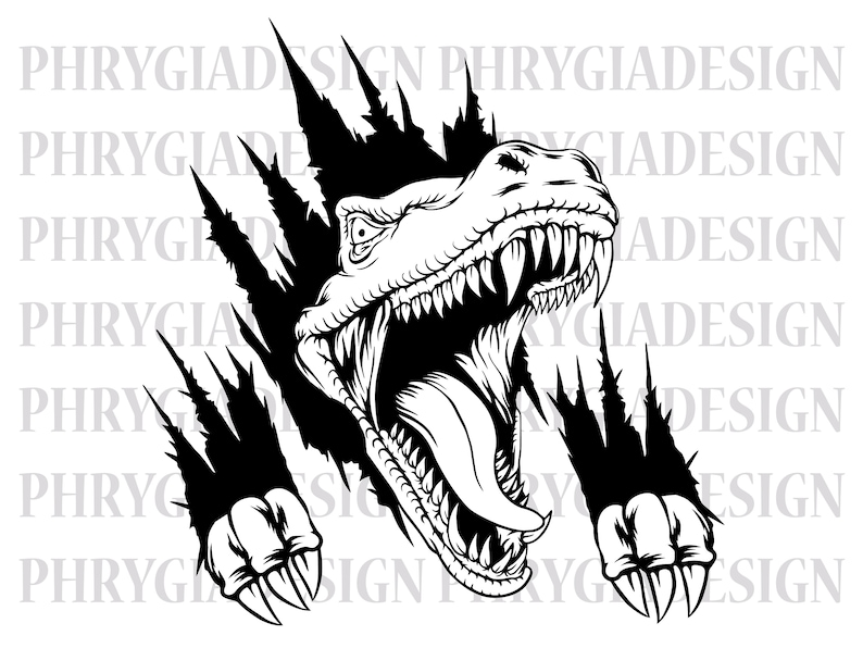 May include: Black and white illustration of a dinosaur head with sharp teeth and a long tongue, bursting through a ripped background.
