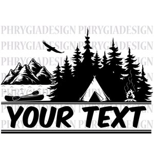 May include: Black and white camping-themed graphic with a mountain range, lake, canoe, trees, tent, and campfire. An eagle flies overhead. The text "YOUR TEXT" is displayed in bold letters below the scene, with two horizontal lines.