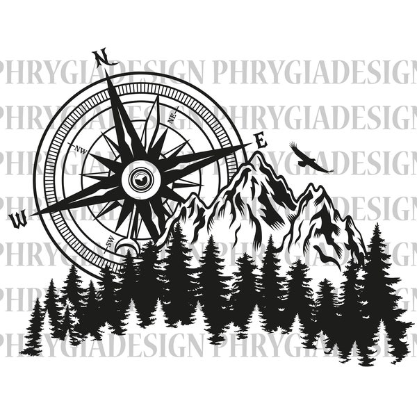 Compass And Mountains Svg Png , Compass Svg , Forest Svg , Nature Svg , Adventure Svg , Digital Download , Instant Download