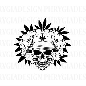 May include: Black and white illustration of a skull wearing a bucket hat with a marijuana leaf on top. The skull is surrounded by marijuana leaves and smoke.