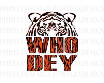 May include: Black and orange tiger stripe design with the words "WHO DEY" in black letters.