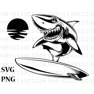 Surfing Shark Svg Png , Shark Svg , Shark Silhouette , Shark Clipart , Shark Face Svg , Shark Fish Svg , Shark Design , Animal Svg