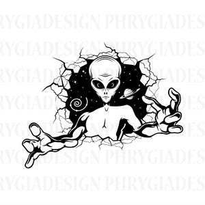 May include: Black and white illustration of an alien reaching out from a cracked wall. The alien has large eyes and a serious expression. The background is a dark space with stars and a planet.
