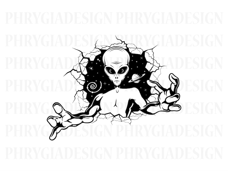 May include: Black and white illustration of an alien reaching out from a cracked wall. The alien has large eyes and a serious expression. The background is a dark space with stars and a planet.