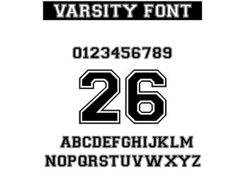 May include: Black and white varsity font alphabet and numbers. The font is bold and outlined in white. The numbers 0123456789 and 26 are shown, along with the letters A-Z.