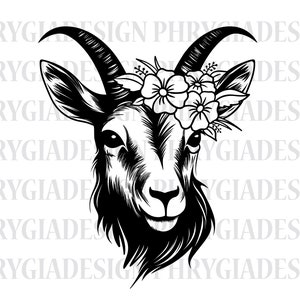 花柄ヤギ SVG、花輪付きヤギ SVG、農場の動物 SVG、ヤギ SVG、ヤギ PNG、ヤギ シャツ SVG、動物 SVG、ヤギ クリップアート