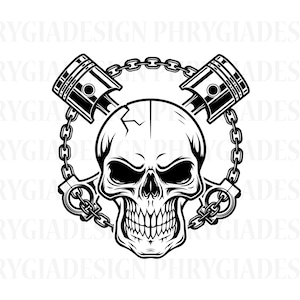 May include: Black and white illustration of a skull with two crossed pistons and a chain. The skull has a cracked forehead and a menacing expression.