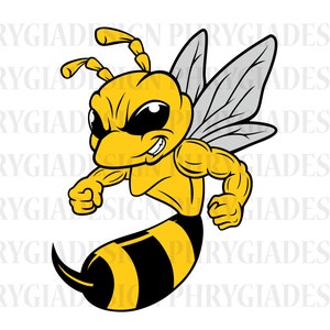 Puede incluir: Una ilustración de dibujos animados de una avispa amarilla y negra con un cuerpo musculoso y alas. La avispa tiene una expresión amenazante y está en posición de combate.