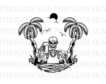 Funny Summer Skeleton Svg , Beach Skull Svg , Summer Svg , Skeleton Drinking Beer Svg , Summer Vacation Svg , Summer Vibes Svg , Skull Svg