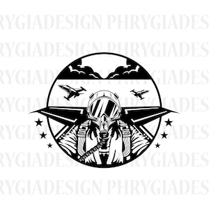 Könnte beinhalten: Schwarz-weiße Grafik eines Piloten in Helm und Fluganzug, mit zwei Kampfflugzeugen und Wolken im Hintergrund. Das Design ist kreisförmig, mit Sternen und dem Text "PHRYGIADESIGN" wiederholt.