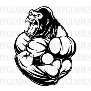 May include: Black and white illustration of a muscular gorilla with a fierce expression, flexing its biceps and triceps.