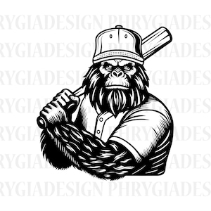 May include: Black and white illustration of a gorilla wearing a baseball cap and holding a baseball bat. The gorilla is wearing a baseball uniform.