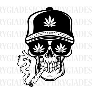 May include: Black and white illustration of a skull wearing a baseball cap and sunglasses. The skull is smoking a cigarette and has marijuana leaves in its eyes.
