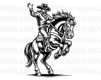 Rodeo SVG, Cowboy SVG, Western Cowboy Reitpferd, Rodeo Cowboy SVG, Pferde SVG, Pferdesilhouette Cut File, Cowboy auf Aufzucht Pferd